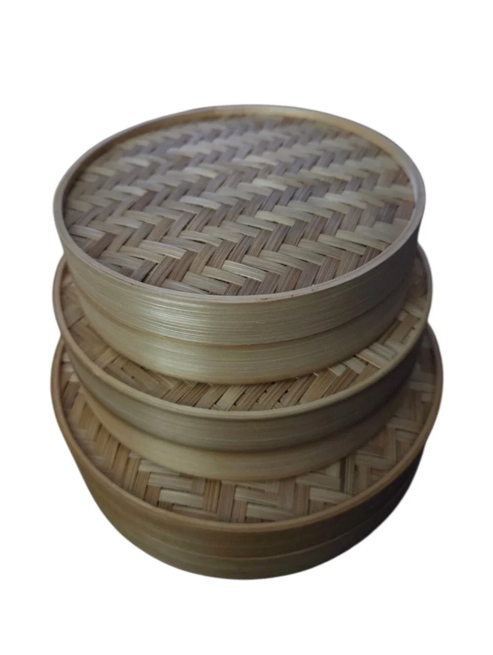 Set of 3 Vintage Hand Woven Bamboo Containers/Baskets with Lid in Natural Finish